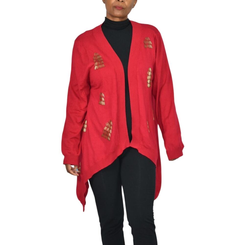 Michael Simon Cardigan Sweater Red Duster Beaded Christmas Asymmetric Plus 1X